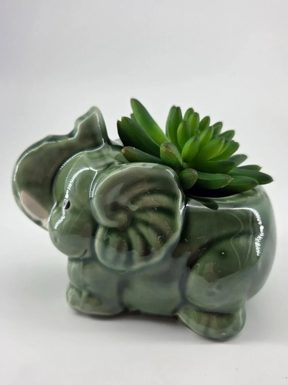 Vintage Sage Green Ceramic Elephant Planter Succulent Pot